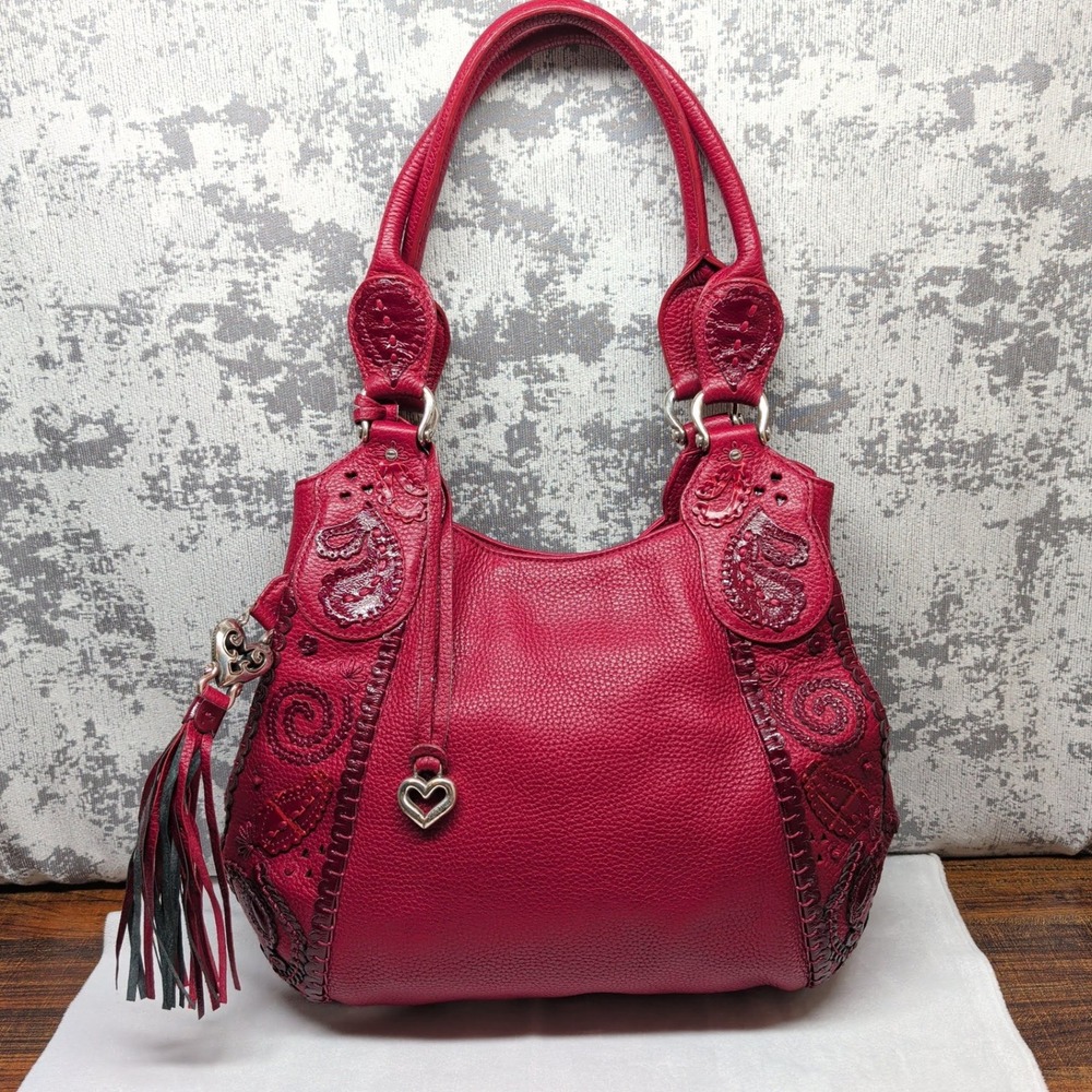 Brighton Red Pebbled Leather Whipstitch Paisley Heart Tassel Shoulder Bag